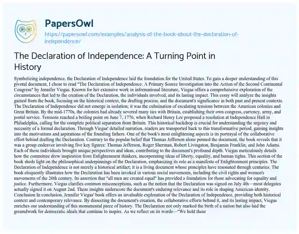 Essay on Analysis of the Book about the Declaration of Independence