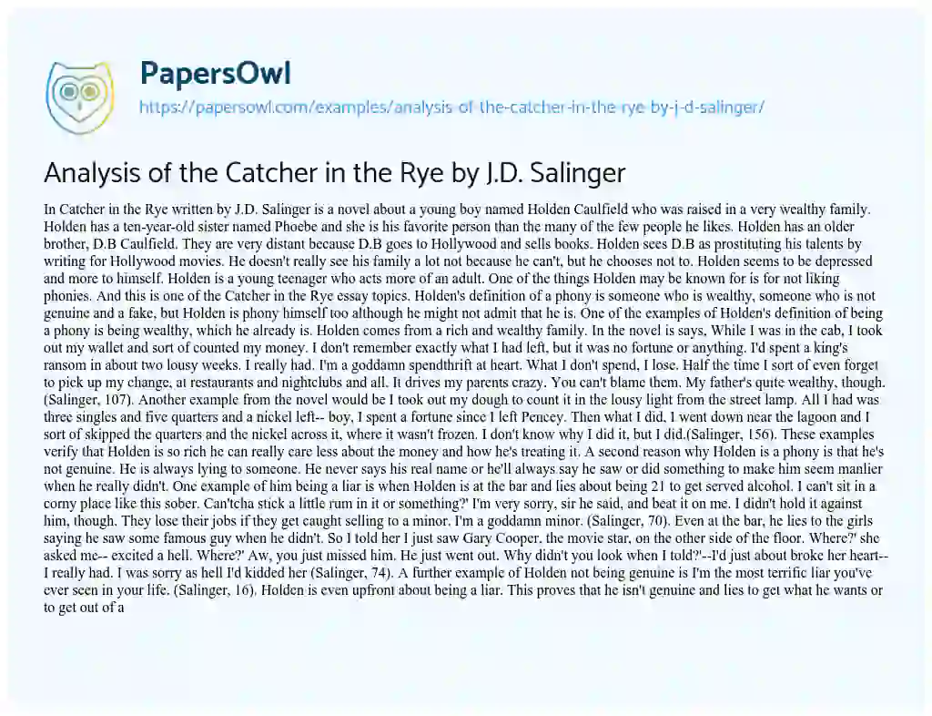 Essay on Analysis of the Catcher in the Rye by J.D. Salinger