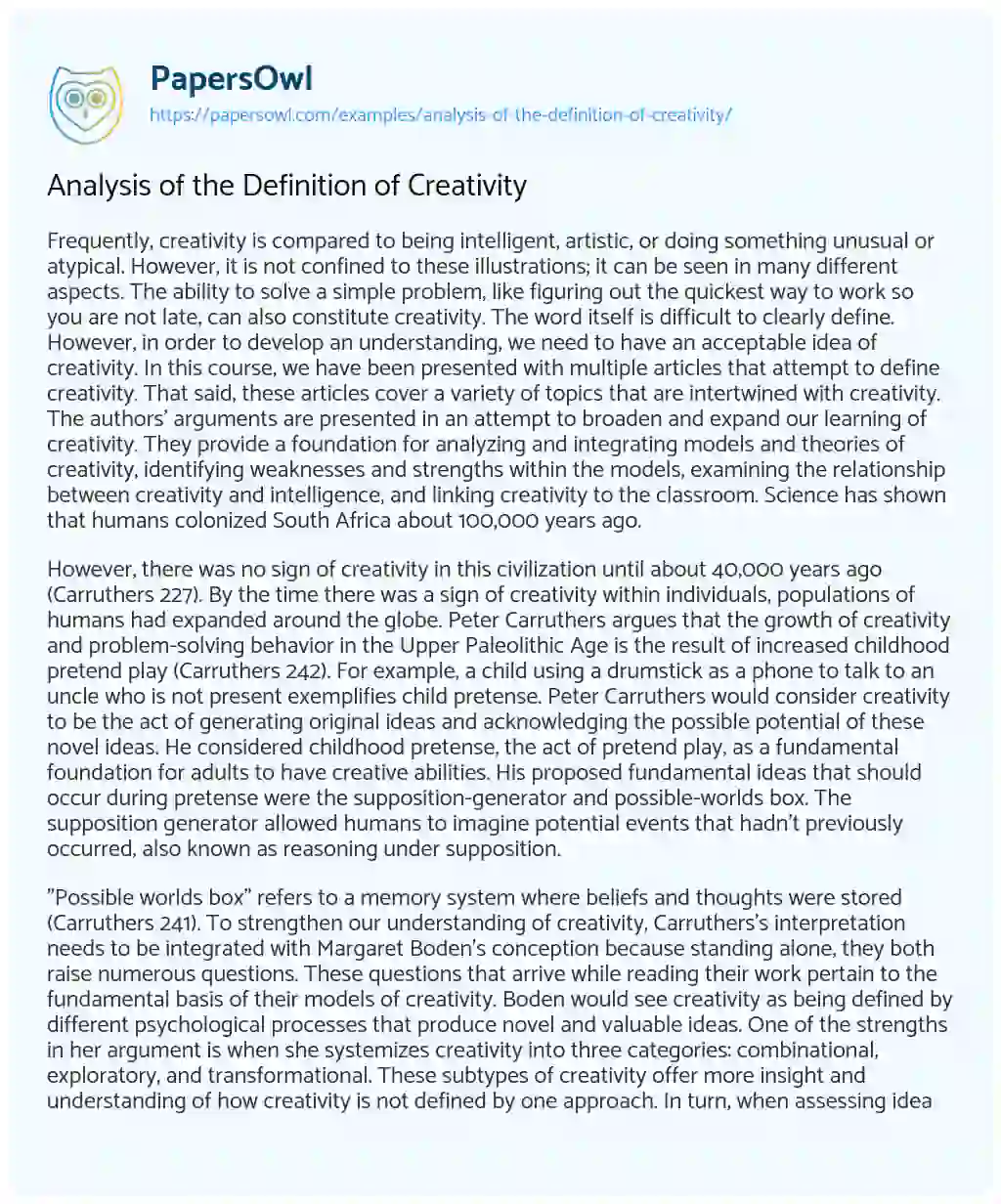 Essay on Analysis of the Definition of Creativity