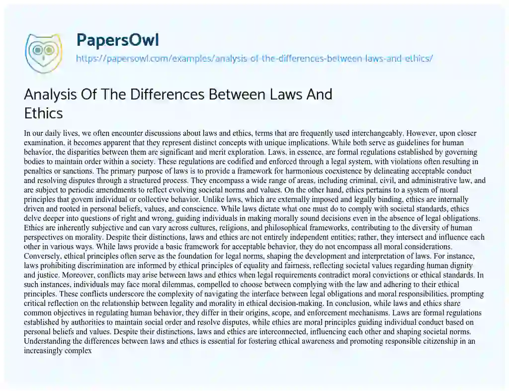 Essay on Analysis of the Differences between Laws and Ethics