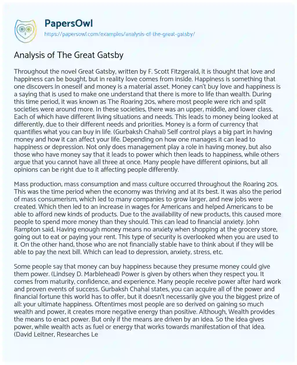 Essay on Analysis of the Great Gatsby