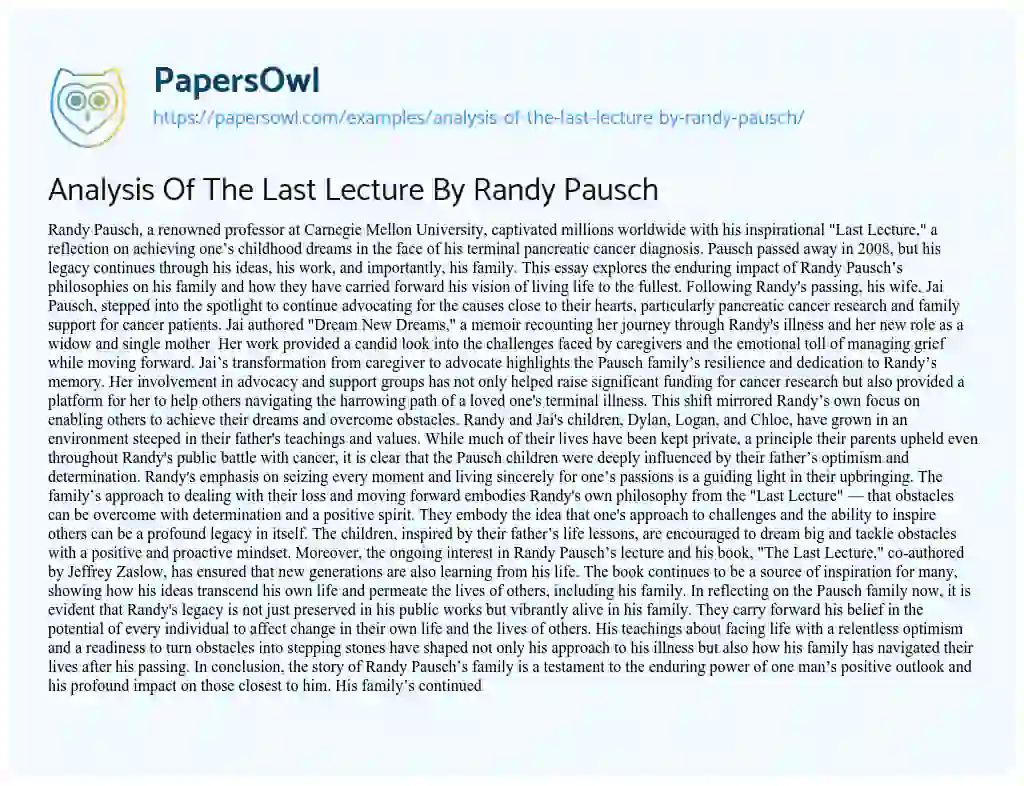 Essay on Analysis of the Last Lecture by Randy Pausch