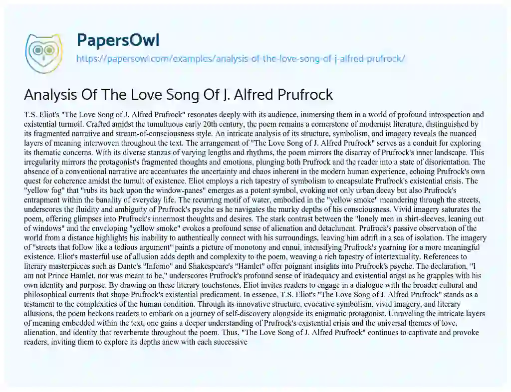 Essay on Analysis of the Love Song of J. Alfred Prufrock