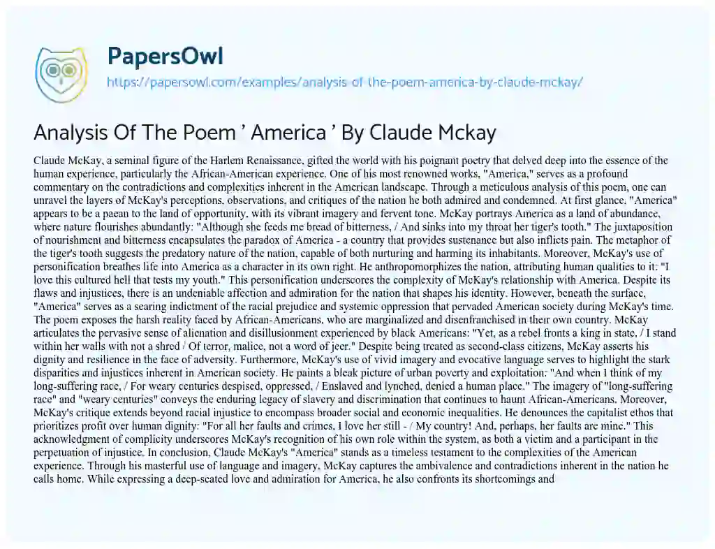 Essay on Analysis of the Poem ‘ America ‘ by Claude Mckay