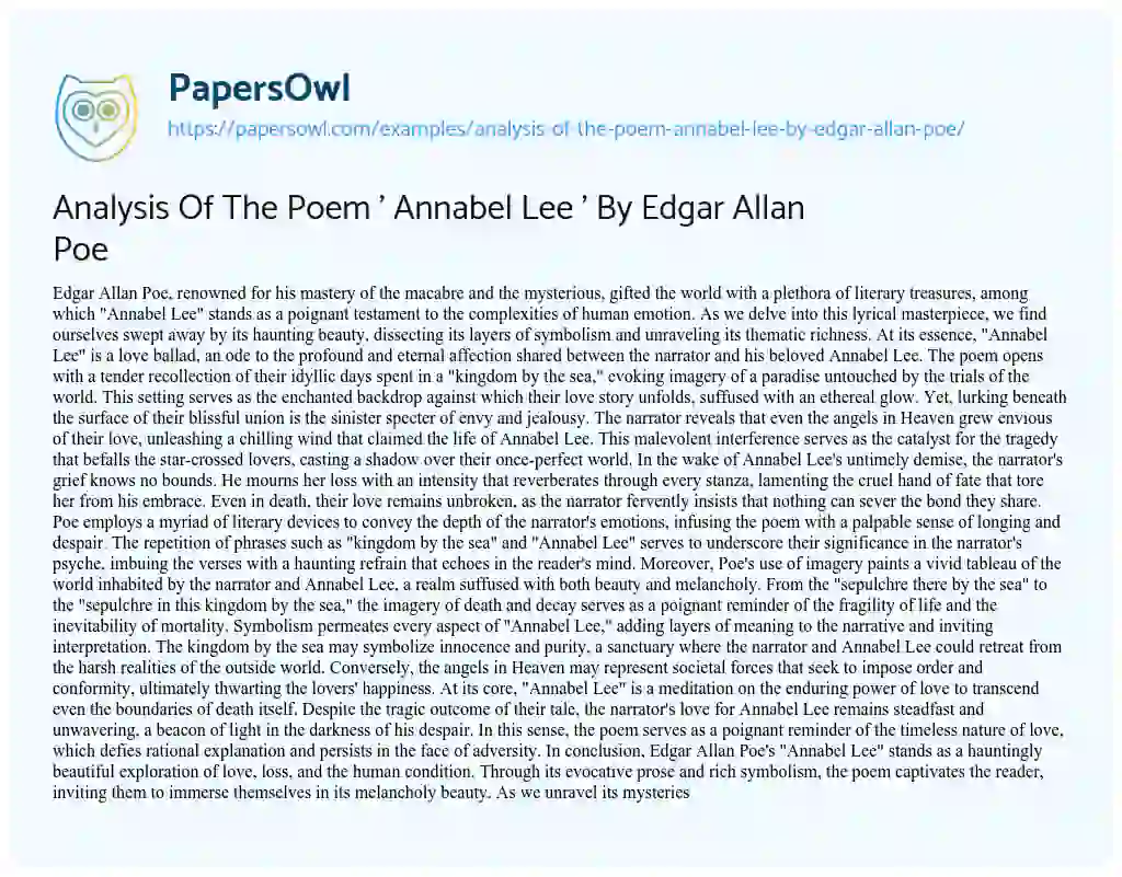 Essay on Analysis of the Poem ‘ Annabel Lee ‘ by Edgar Allan Poe