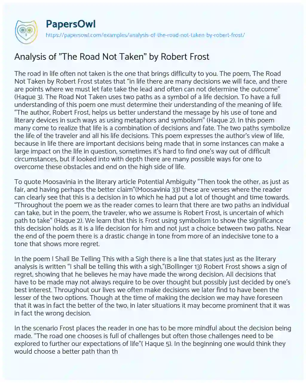 Essay on Analysis of “The Road not Taken” by Robert Frost
