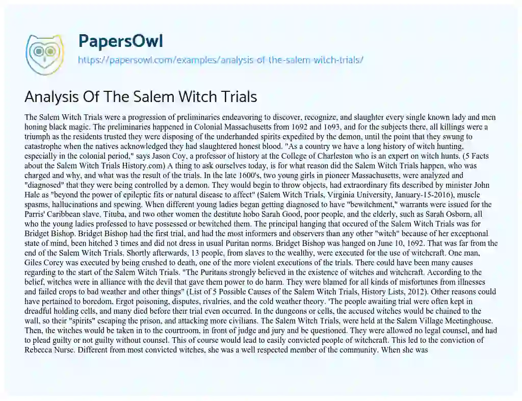 Essay on Analysis of the Salem Witch Trials