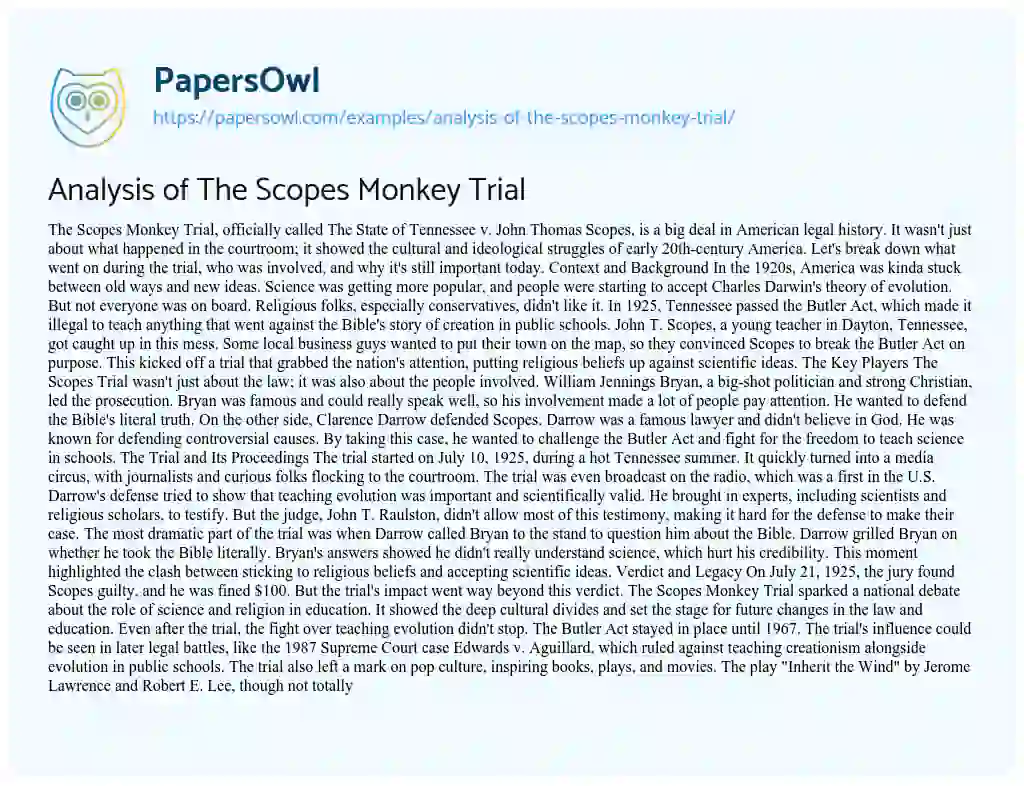 Essay on Analysis of the Scopes Monkey Trial