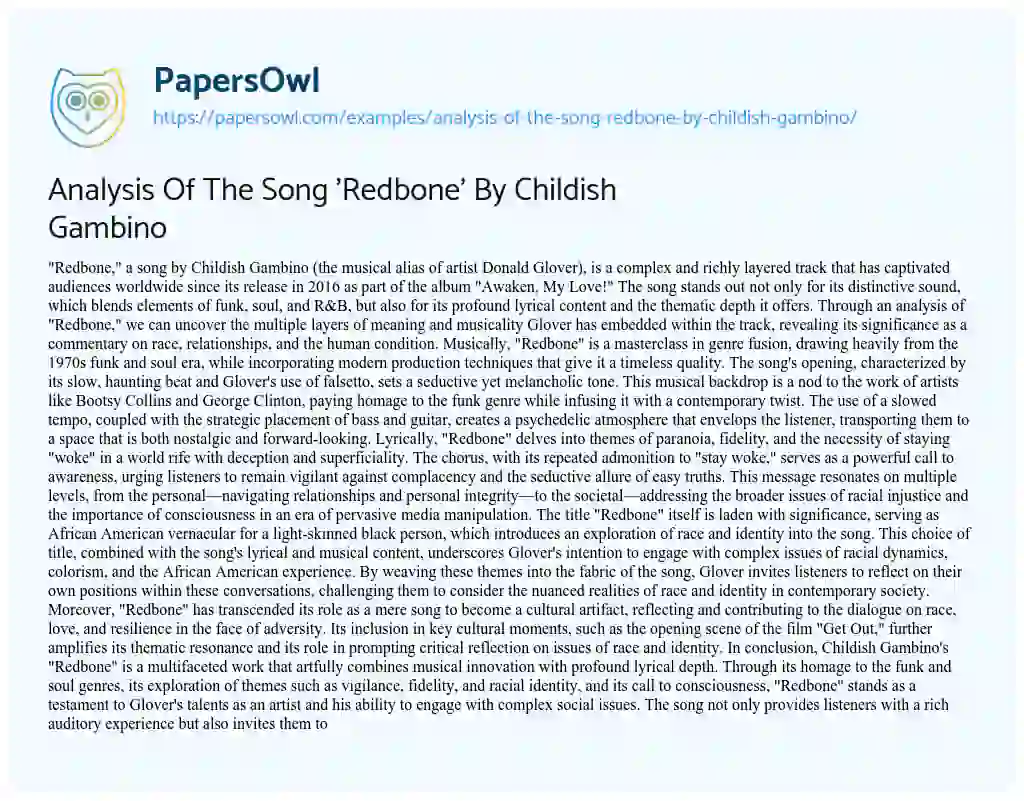 Essay on Analysis of the Song ‘Redbone’ by Childish Gambino