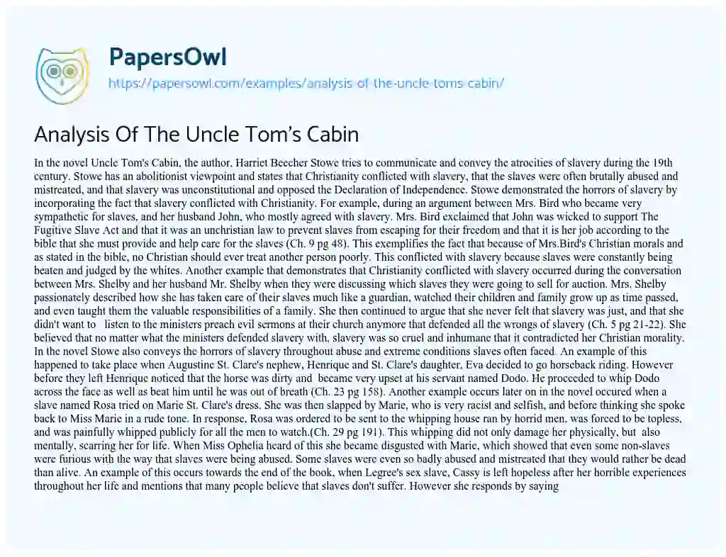 Essay on Analysis of the Uncle Tom’s Cabin