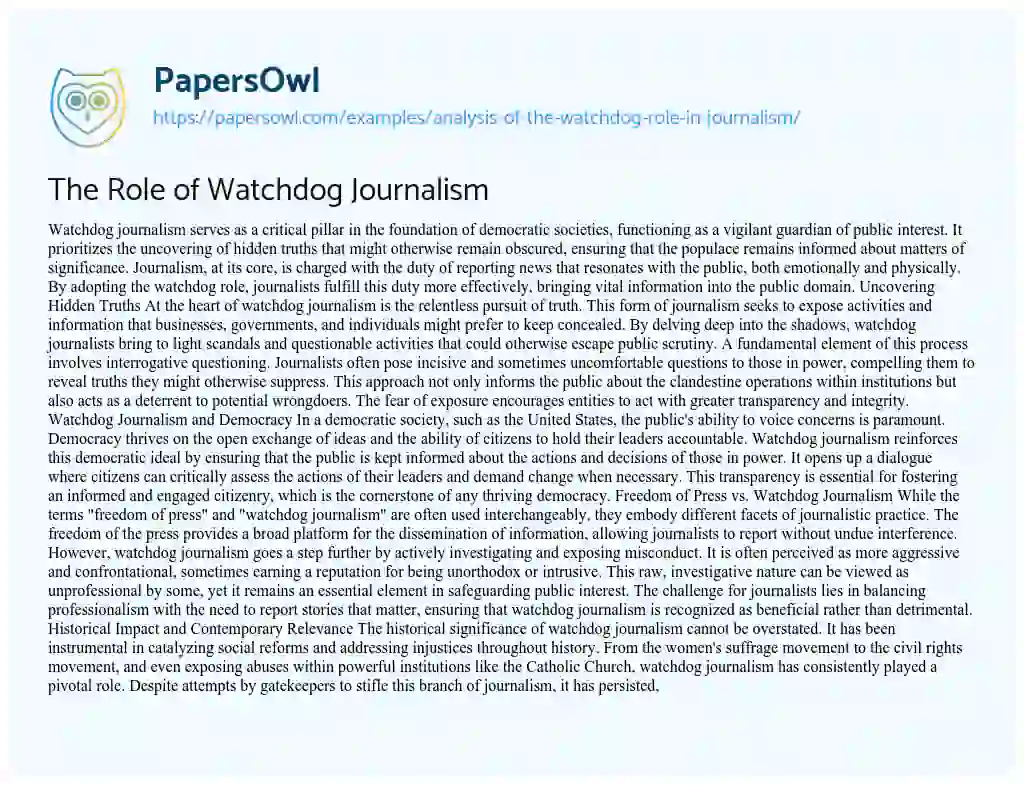 Essay on Analysis of the Watchdog Role in Journalism