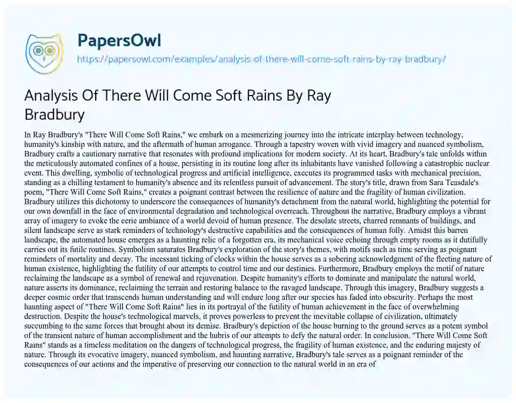 Essay on Analysis of there Will Come Soft Rains by Ray Bradbury