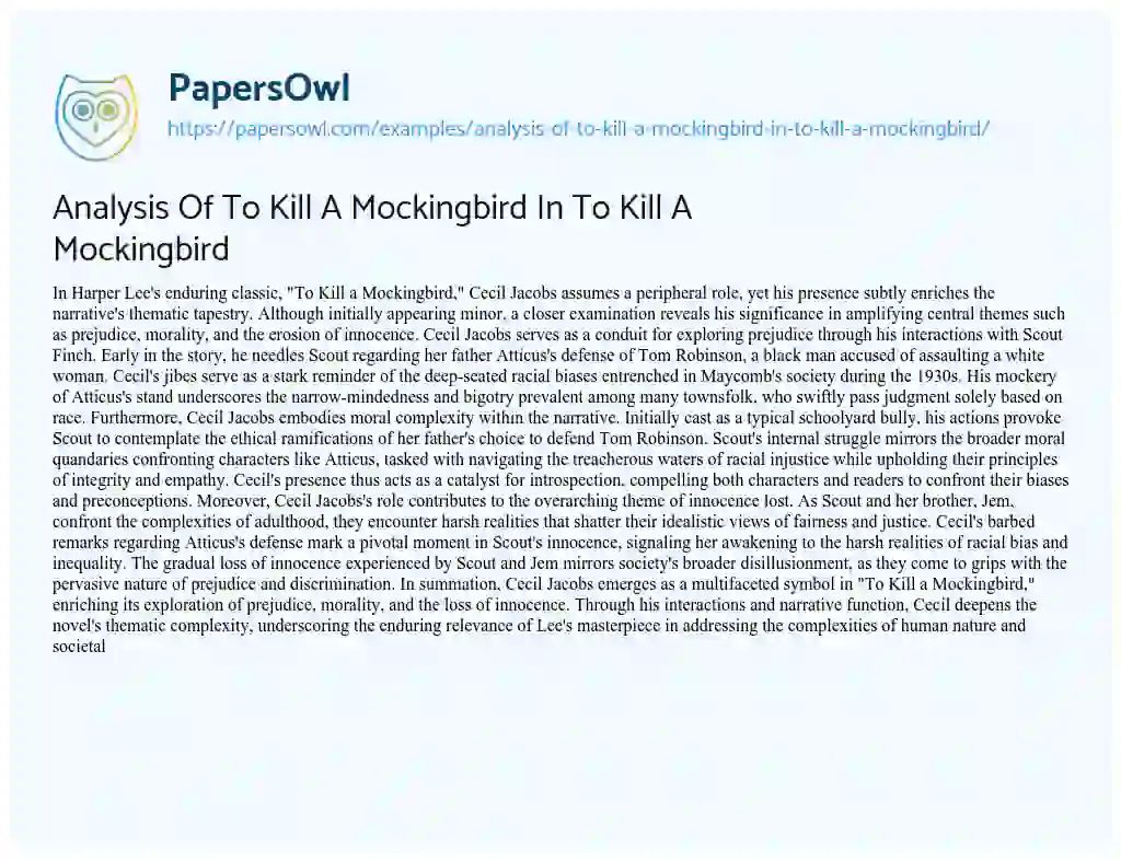 Essay on Analysis of to Kill a Mockingbird in to Kill a Mockingbird