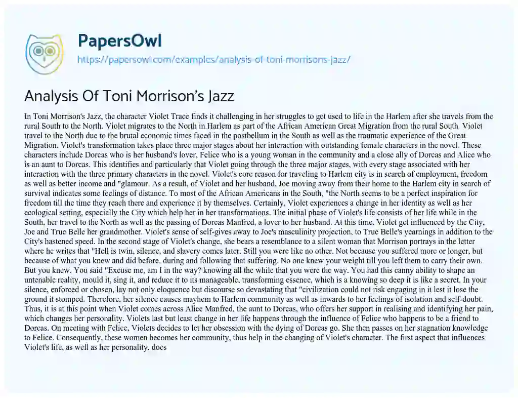 Essay on Analysis of Toni Morrison’s Jazz