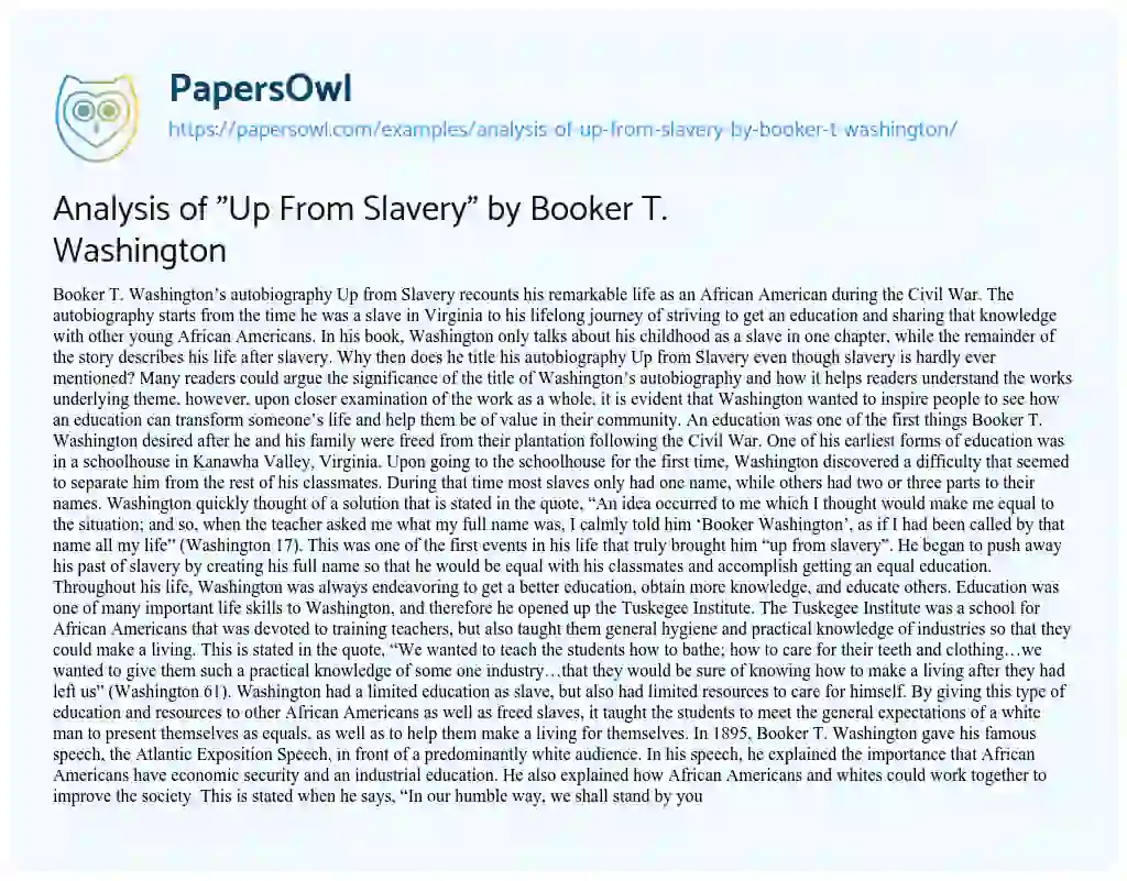 Analysis of “Up from Slavery” by Booker T. Washington essay