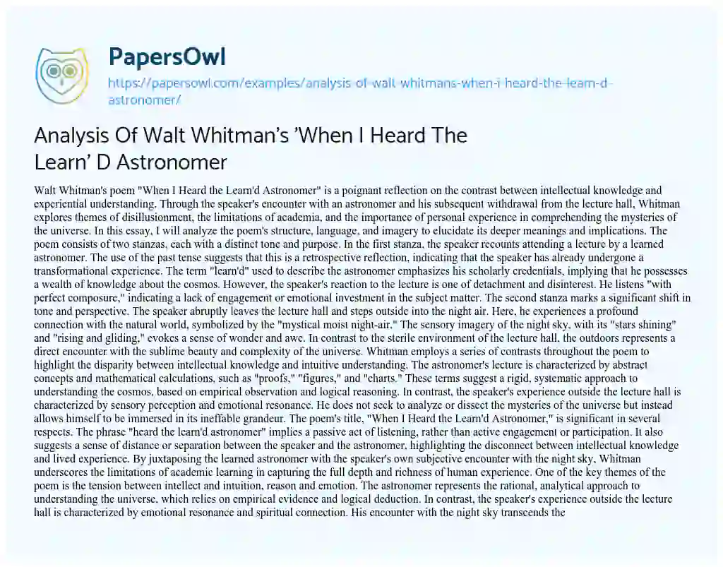 Essay on Analysis of Walt Whitman’s ‘When i Heard the Learn’ D Astronomer