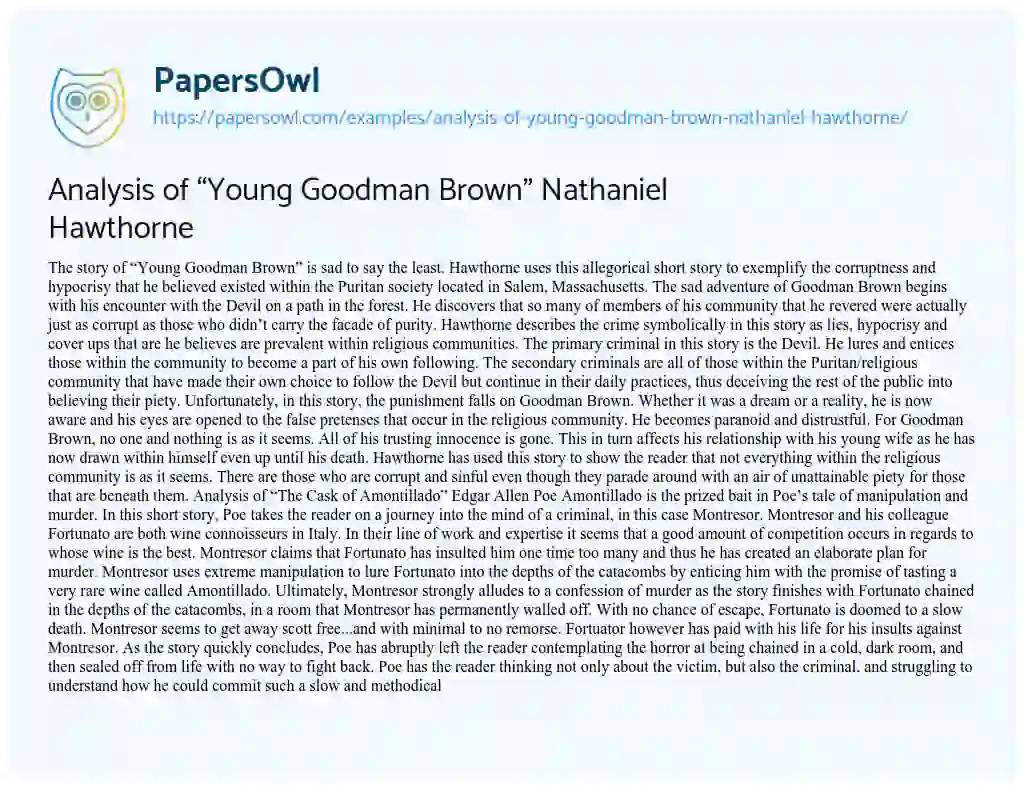 Essay on Analysis of “Young Goodman Brown” Nathaniel Hawthorne