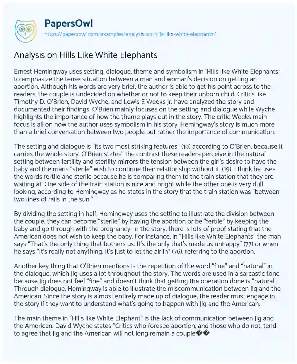 Analysis on Hills Like White Elephants essay