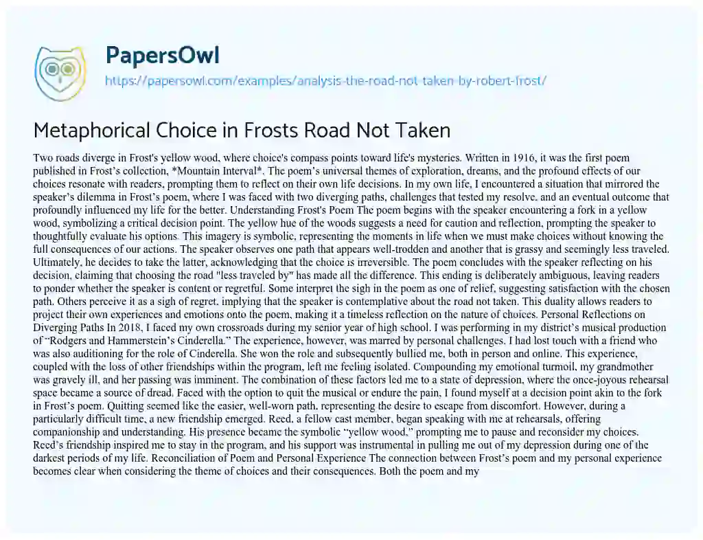 Essay on Analysis “The Road not Taken” by Robert Frost