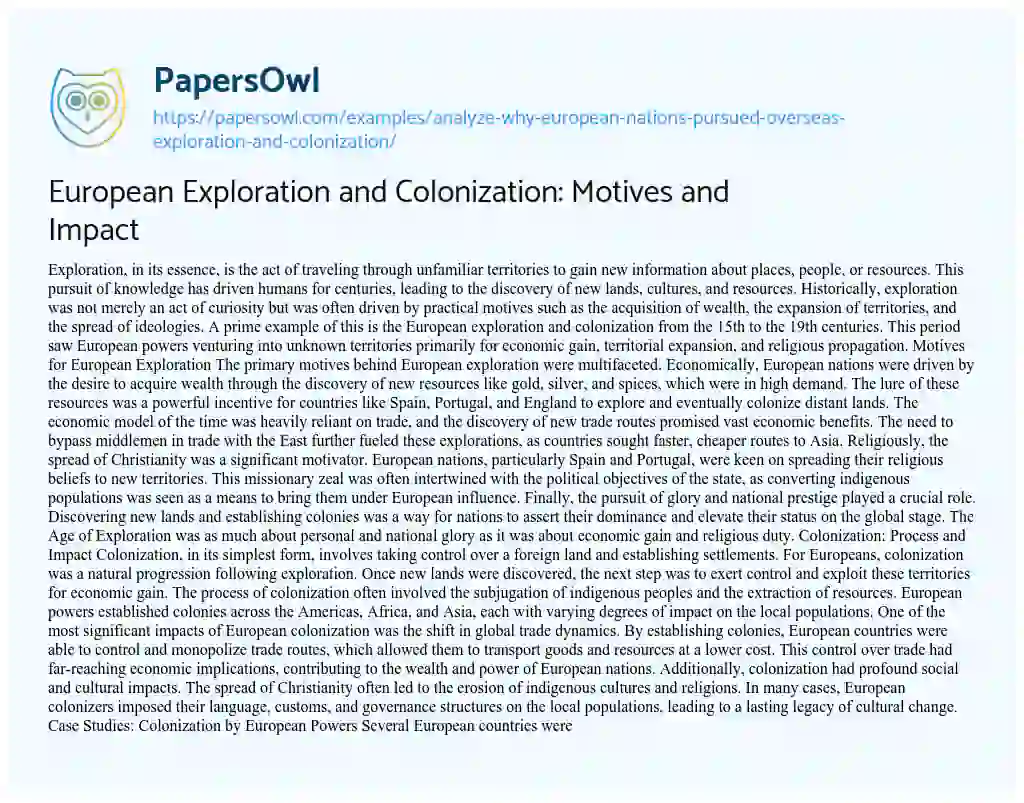 Essay on Analyze why European Nations Pursued Overseas Exploration and Colonization