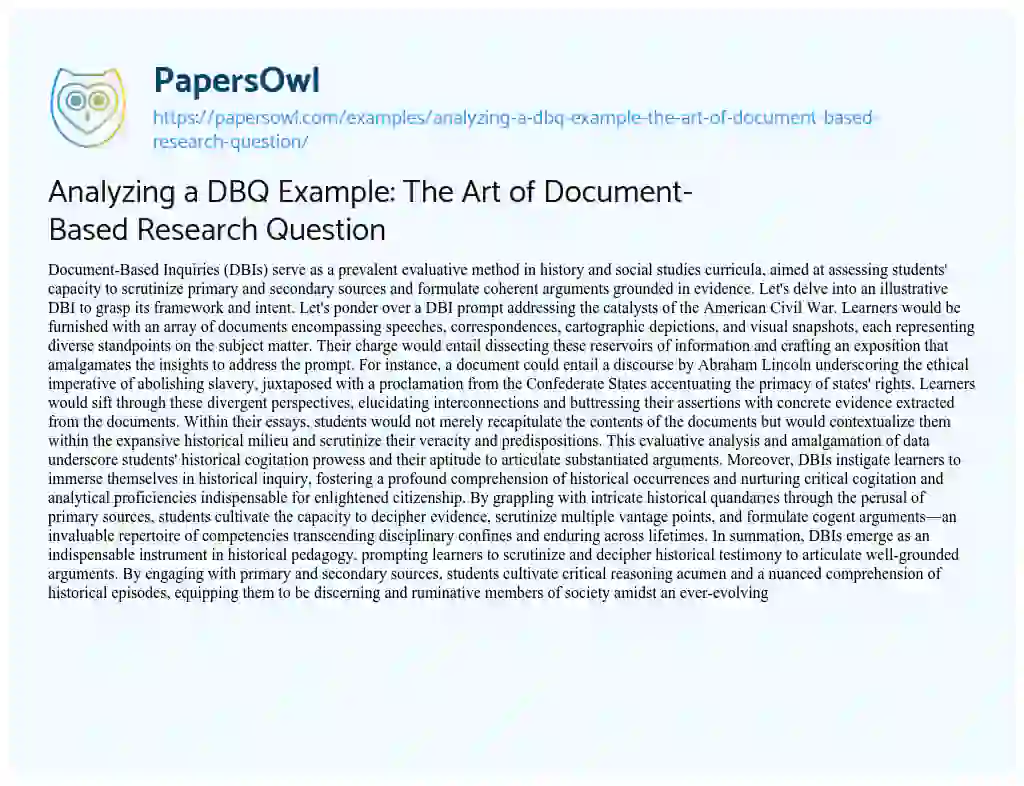 Essay on Analyzing a DBQ Example: the Art of Document-Based Research Question