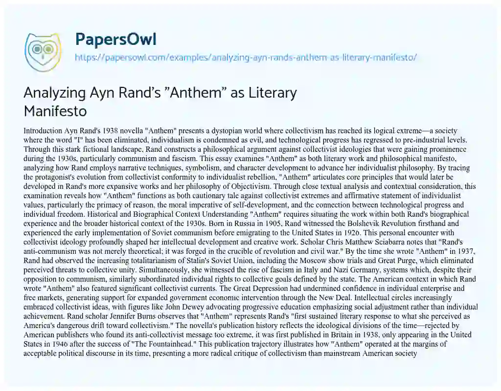 Essay on Analyzing Ayn Rand’s “Anthem” as Literary Manifesto