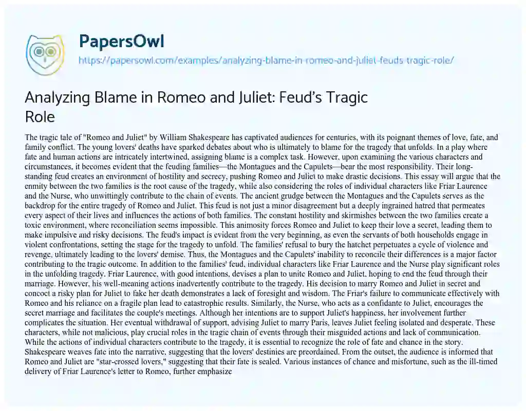 Essay on Analyzing Blame in Romeo and Juliet: Feud’s Tragic Role