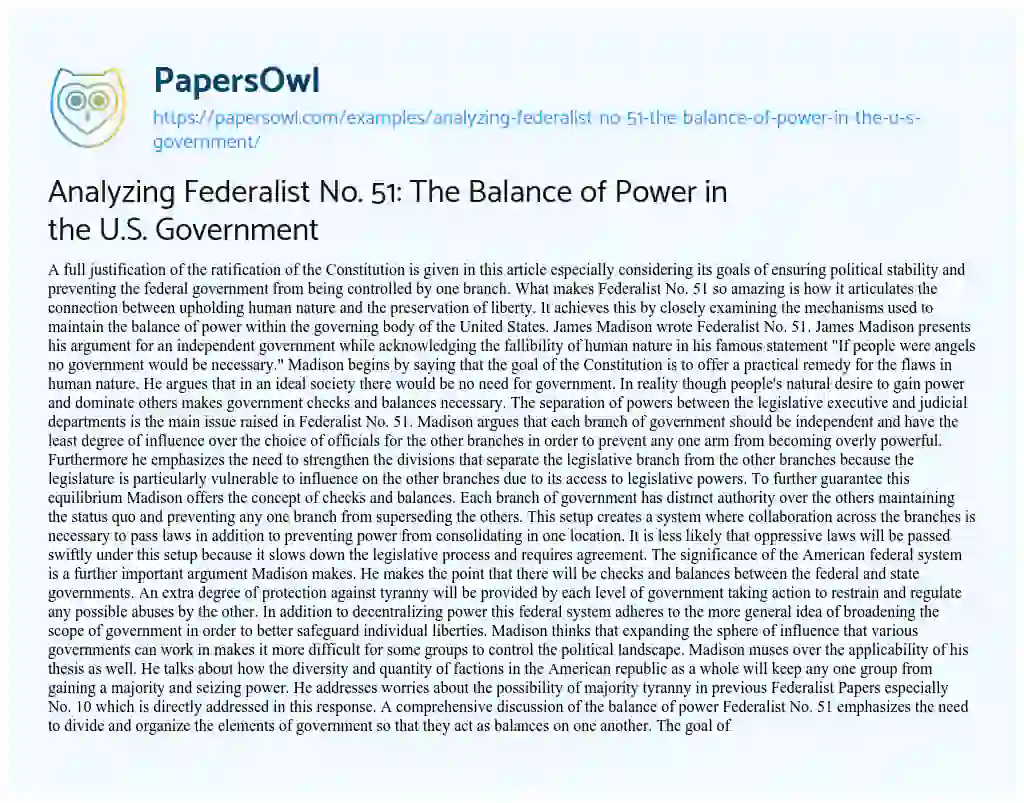 Essay on Analyzing Federalist No. 51: the Balance of Power in the U.S. Government