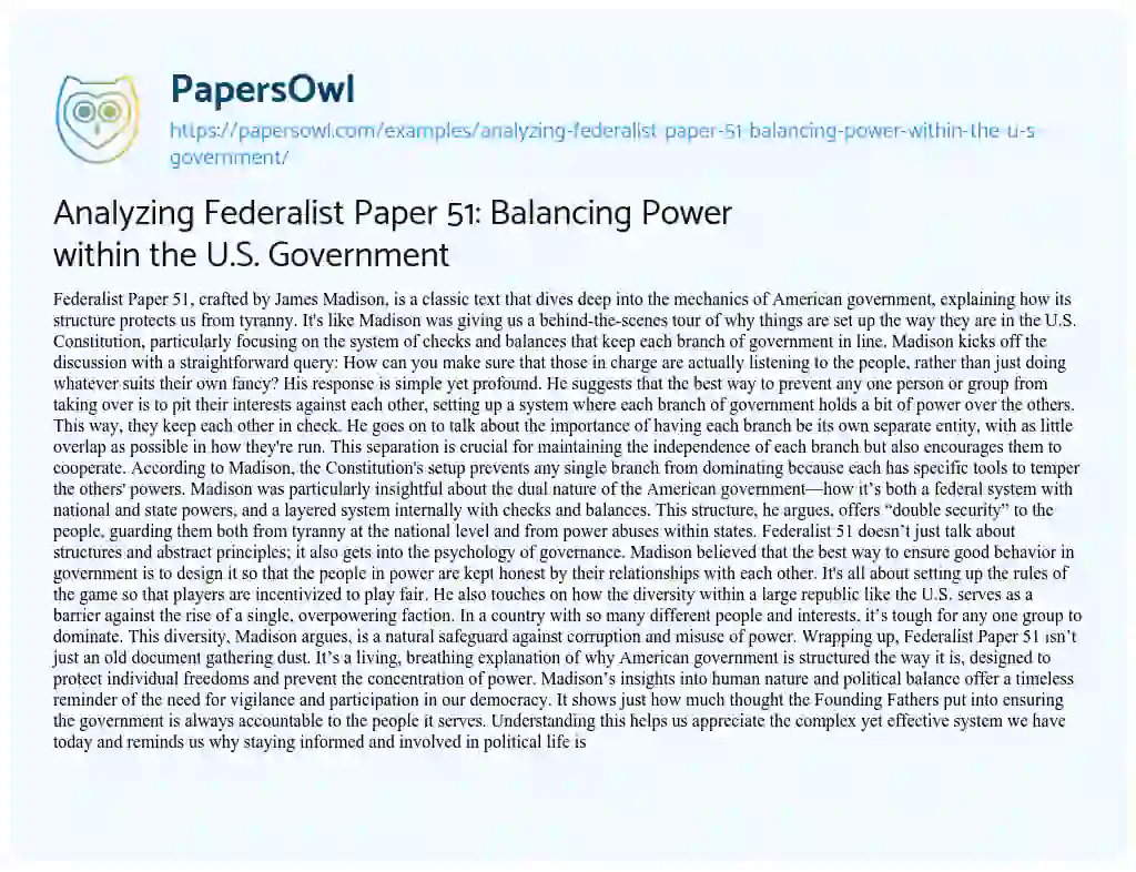 Analyzing Federalist Paper 51: Balancing Power within the U.S ...