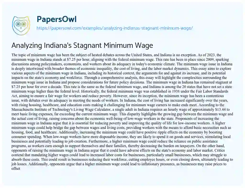 Essay on Analyzing Indiana’s Stagnant Minimum Wage