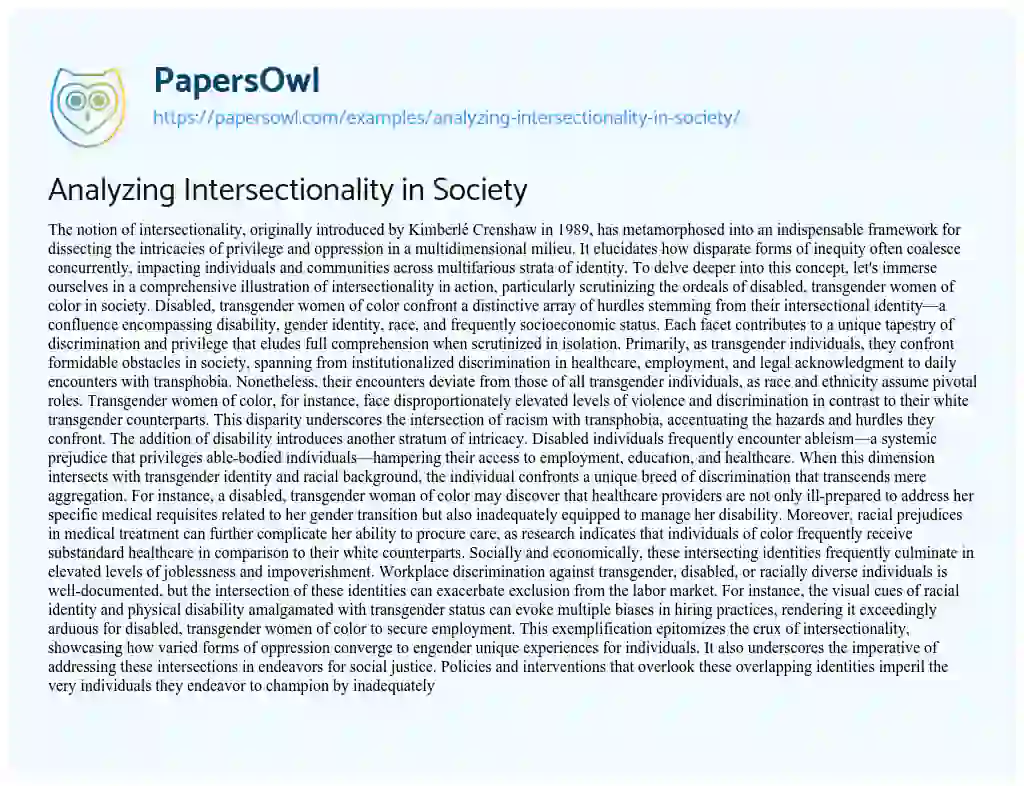 Essay on Analyzing Intersectionality in Society