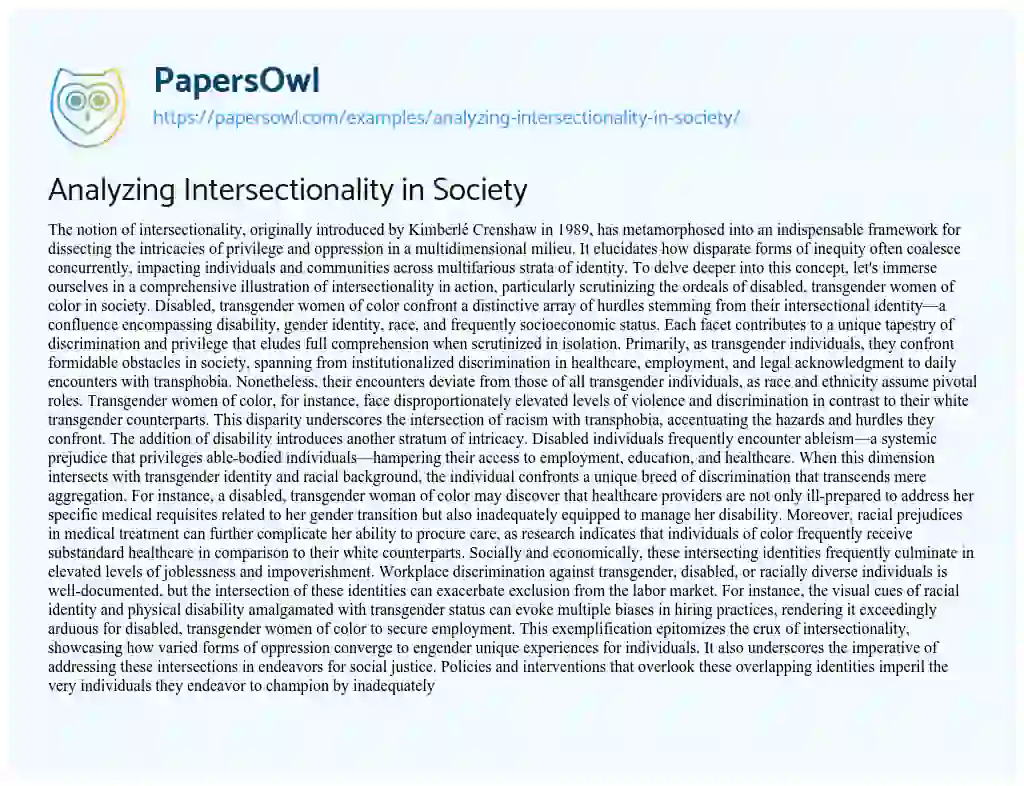 Analyzing Intersectionality in Society - Free Essay Example - 511 Words ...