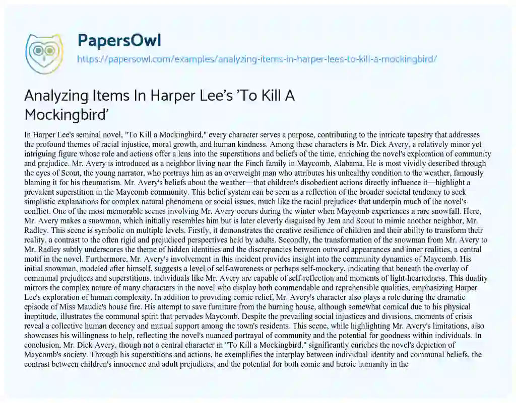 Essay on Analyzing Items in Harper Lee’s ‘To Kill a Mockingbird’