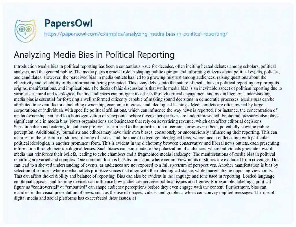 Essay on Analyzing Media Bias in Political Reporting