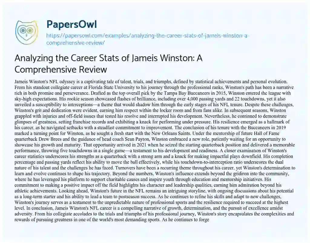 Essay on Analyzing the Career Stats of Jameis Winston: a Comprehensive Review