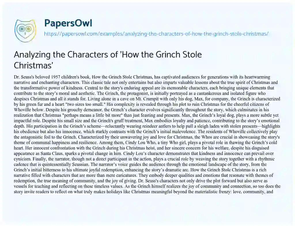 Essay on Analyzing the Characters of ‘How the Grinch Stole Christmas’
