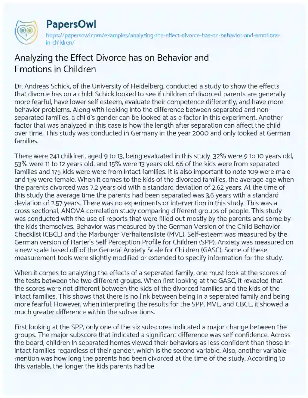 Analyzing the Effect Divorce has on Behavior and Emotions in Children essay