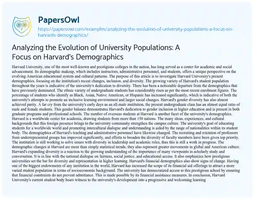 Essay on Analyzing the Evolution of University Populations: a Focus on Harvard’s Demographics