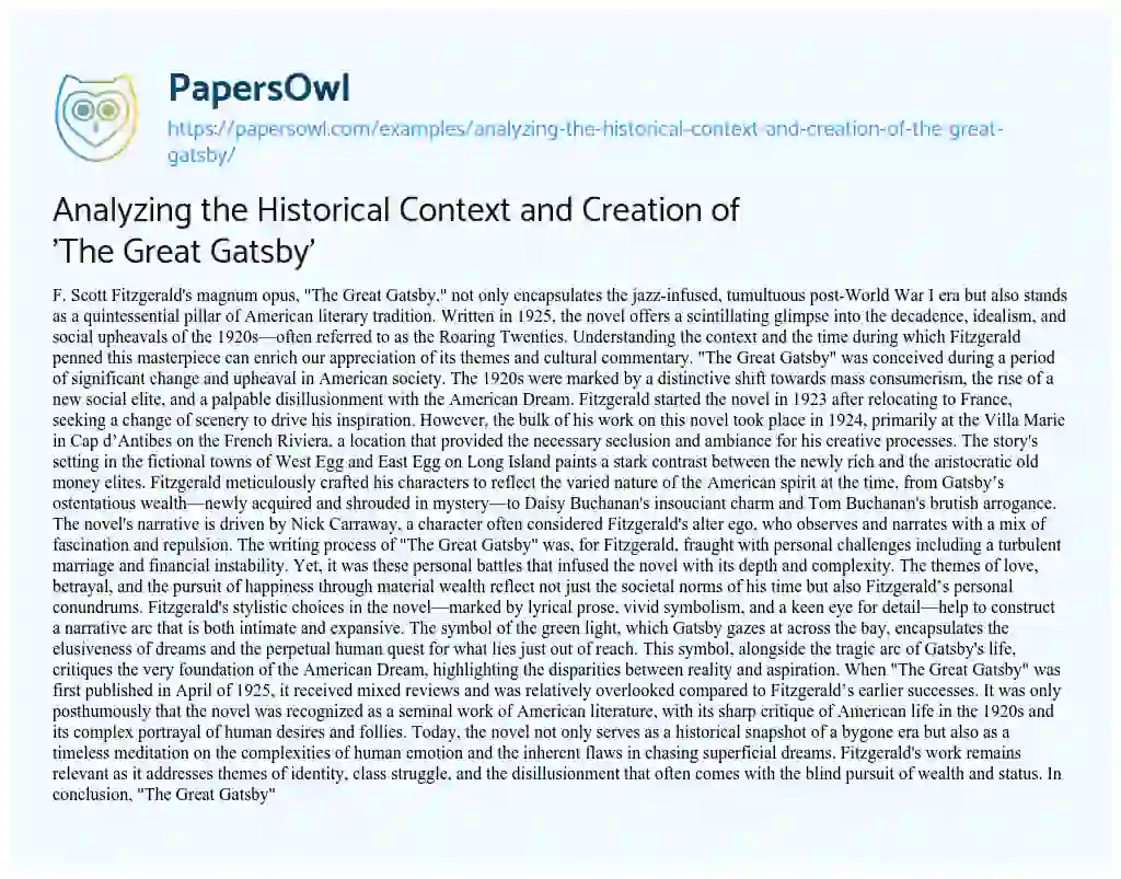 Essay on Analyzing the Historical Context and Creation of ‘The Great Gatsby’
