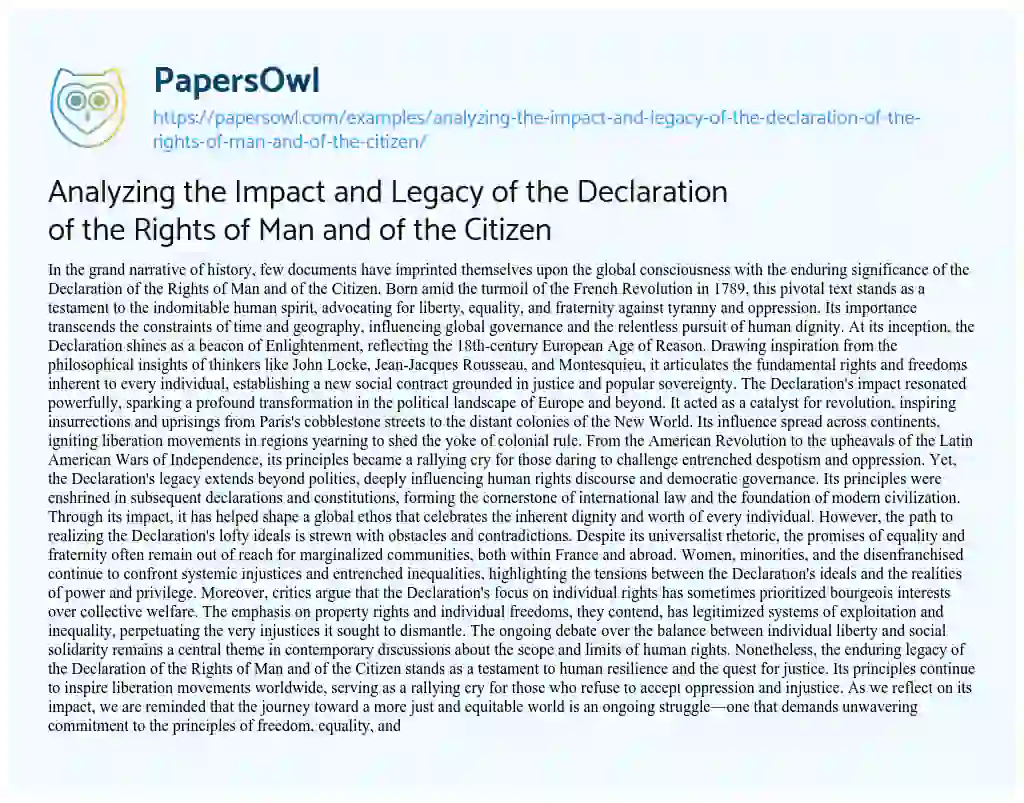Essay on Analyzing the Impact and Legacy of the Declaration of the Rights of Man and of the Citizen