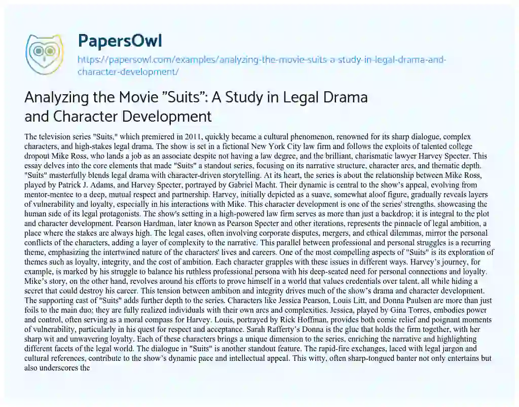 Essay on Analyzing the Movie “Suits”: a Study in Legal Drama and Character Development