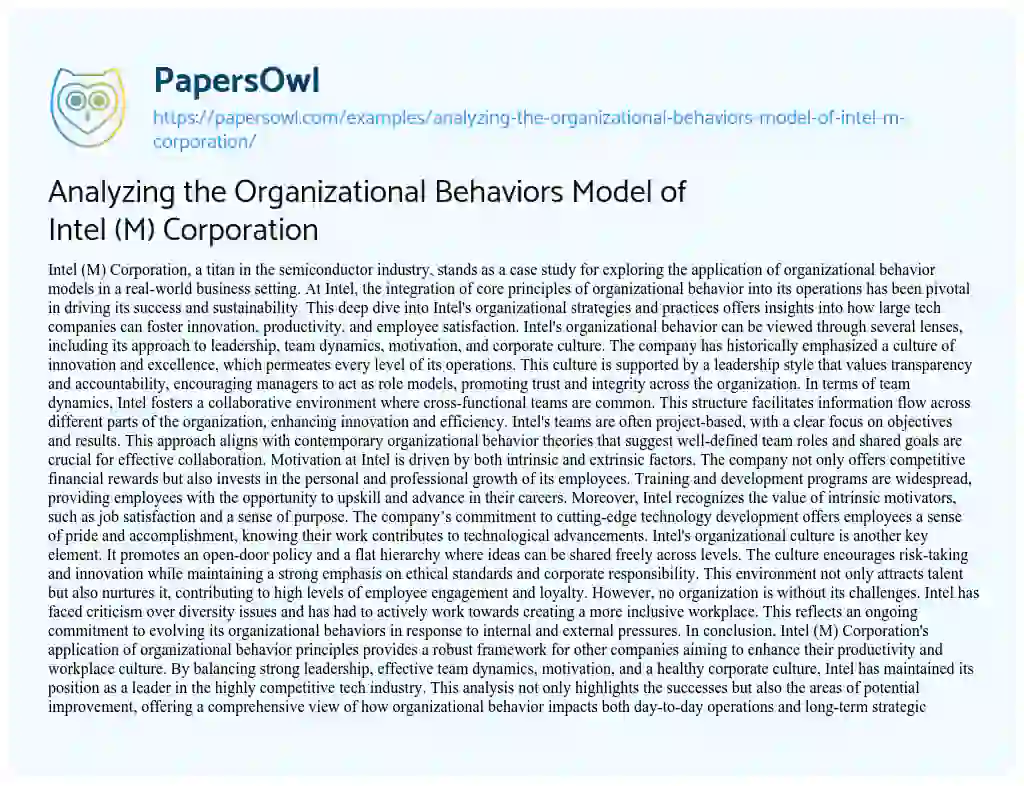 Essay on Analyzing the Organizational Behaviors Model of Intel (M) Corporation