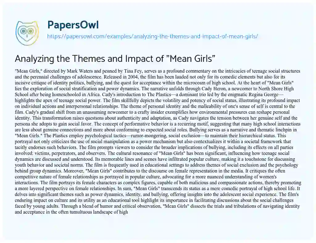 Essay on Analyzing the Themes and Impact of “Mean Girls”