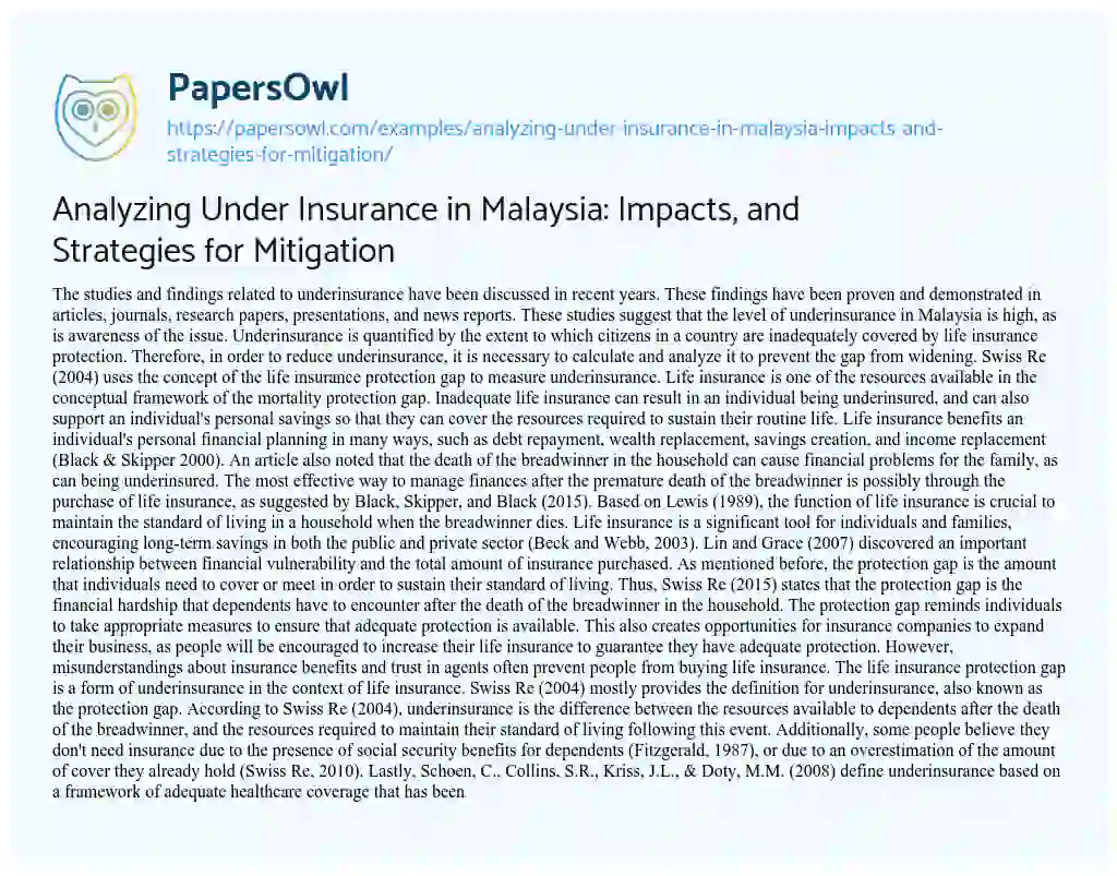 Essay on Analyzing under Insurance in Malaysia: Impacts, and Strategies for Mitigation
