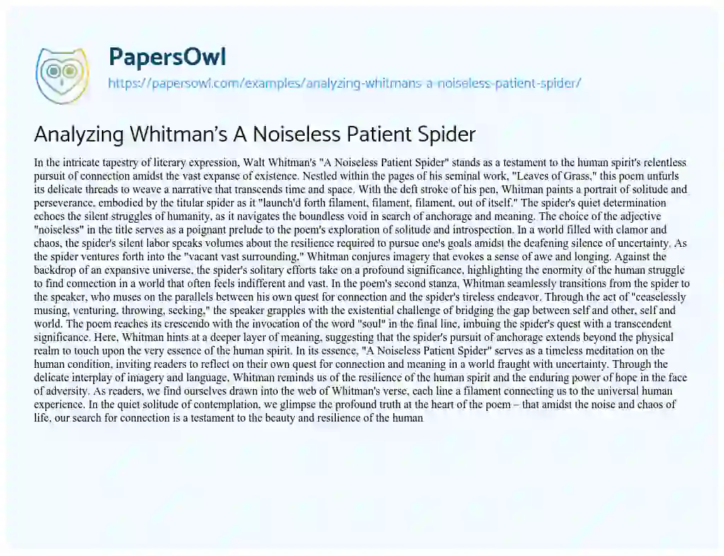 Essay on Analyzing Whitman’s a Noiseless Patient Spider