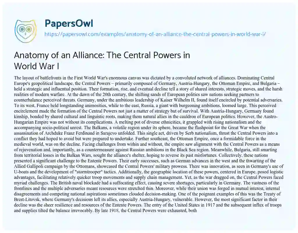 Essay on Anatomy of an Alliance: the Central Powers in World War i