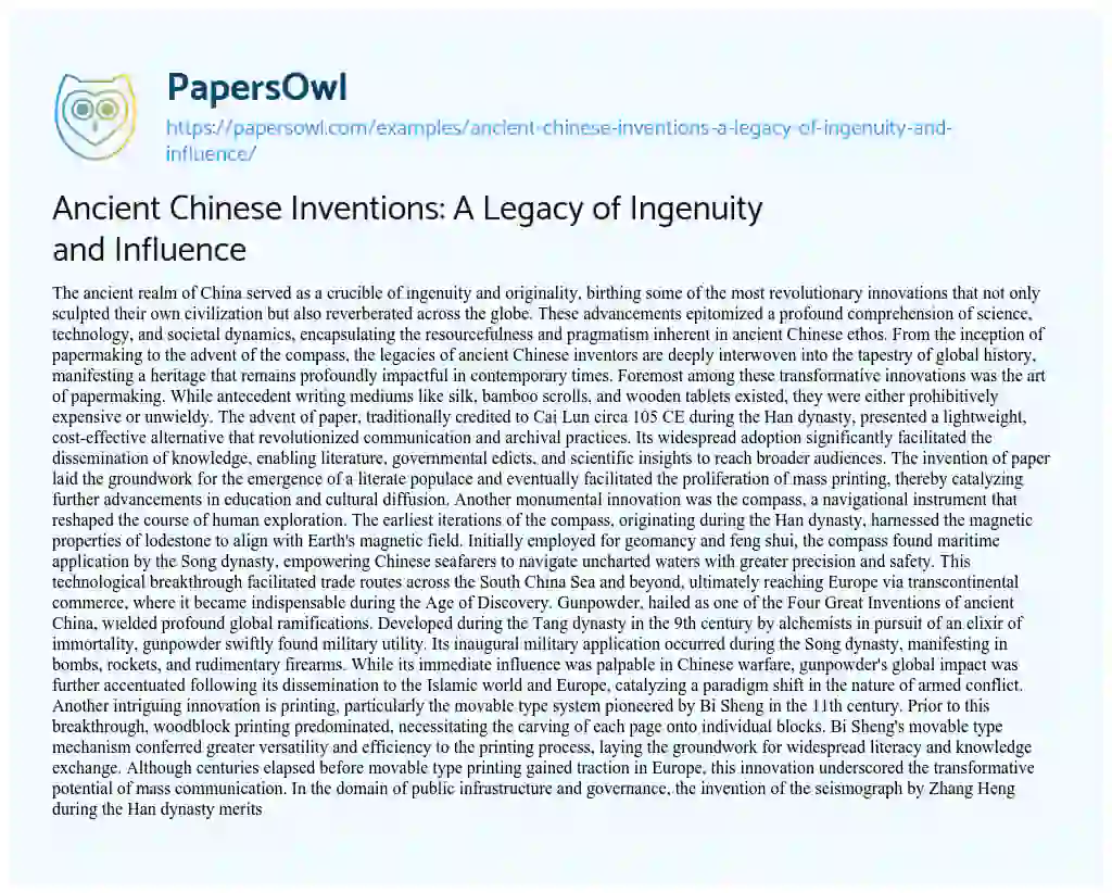 Essay on Ancient Chinese Inventions: a Legacy of Ingenuity and Influence