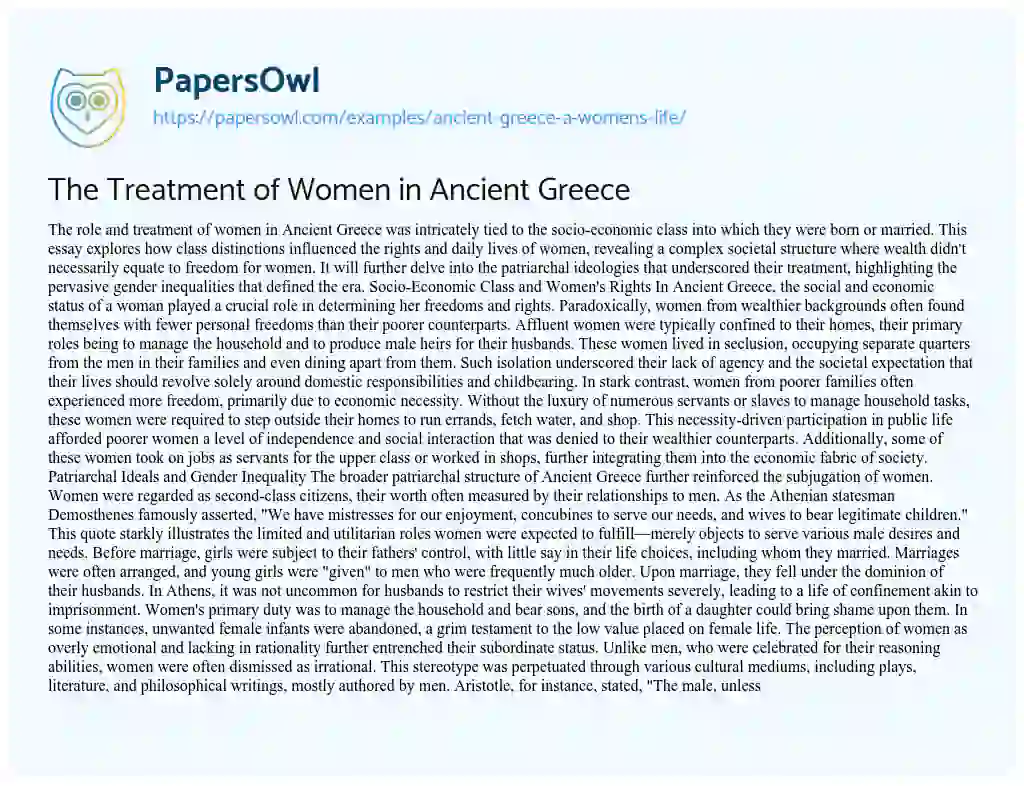 Essay on Ancient Greece: a Women’s Life