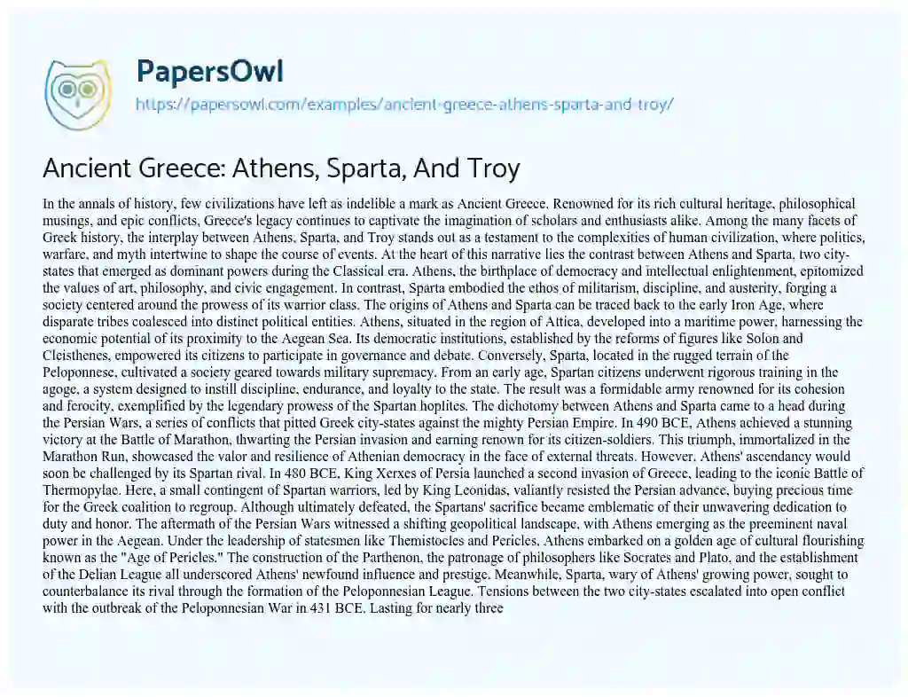 Essay on Ancient Greece: Athens, Sparta, and Troy