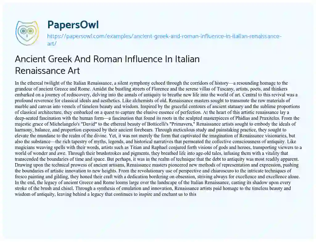 Essay on Ancient Greek and Roman Influence in Italian Renaissance Art